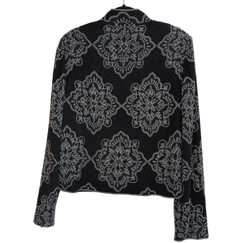 ADRIANNA PAPELL Vintage Beaded Dress-up Jacket Womens Size L Black Silk - Picture 2 of 4